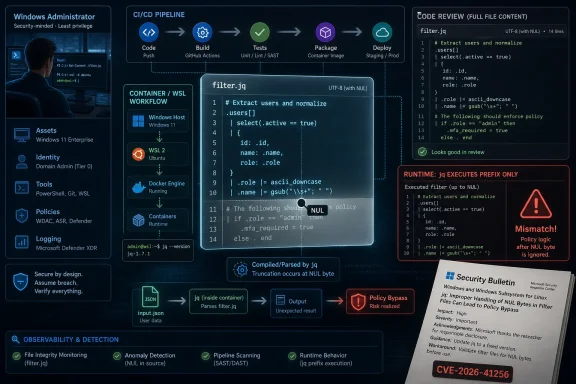Security infographic showing a jq pipeline in WSL/container, highlighting a NULL-byte policy bypass risk (CVE-2026-41256).