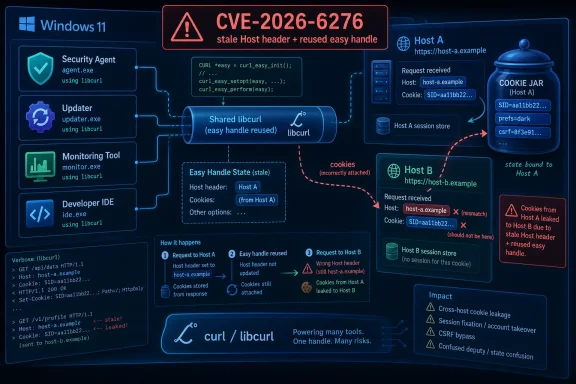 Diagram showing a CVE-2026-6276 stale Host Header and reused easy handle leading to cross-host cookie leakage.