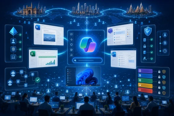Office workers collaborate beneath a futuristic AI/secure cloud network with synced apps and dashboards.