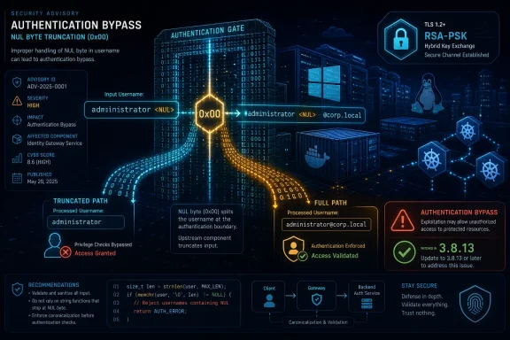 Cybersecurity infographic showing an authentication bypass via NULL byte truncation (0x00) in an identity gateway.