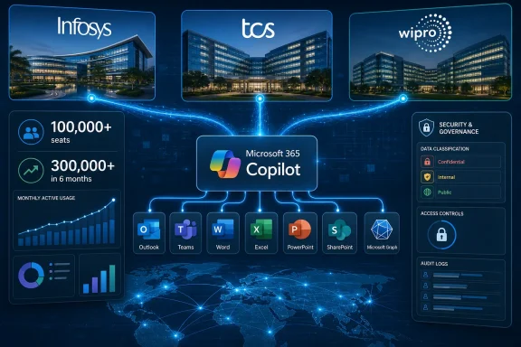 Cloud dashboard shows Microsoft 365 Copilot connected to office apps, security governance, and global network analytics.
