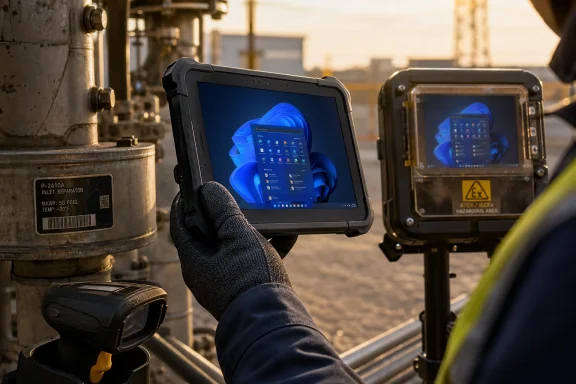 Gloved hand holds a rugged tablet displaying Windows, inspecting industrial equipment at sunset.