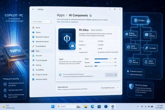 Windows settings page showing AI Components details for Phi Silica, with a neural/security tech diagram background.
