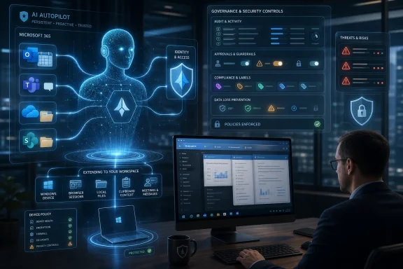 AI security interface shows governance, identity protection, and compliance controls over an office workstation.