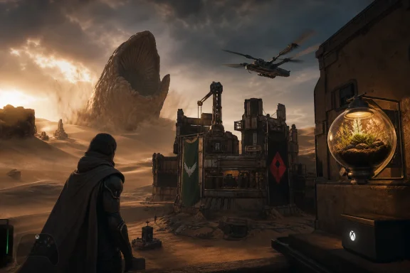 Sci‑fi desert battlefield with a giant creature, soldier overlooking drones and a glowing orb at sunset.