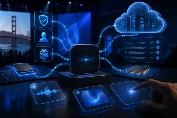 Cybersecurity and biometric authentication concepts with cloud data, shield icons, and a smartphone at a high-tech desk.