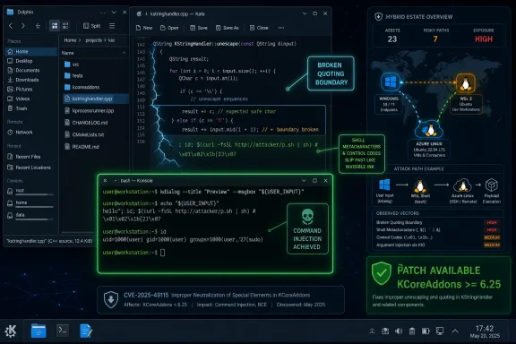 Screenshot of a cybersecurity GUI analyzing a command injection in KCoreAddons, showing a broken quoting boundary.