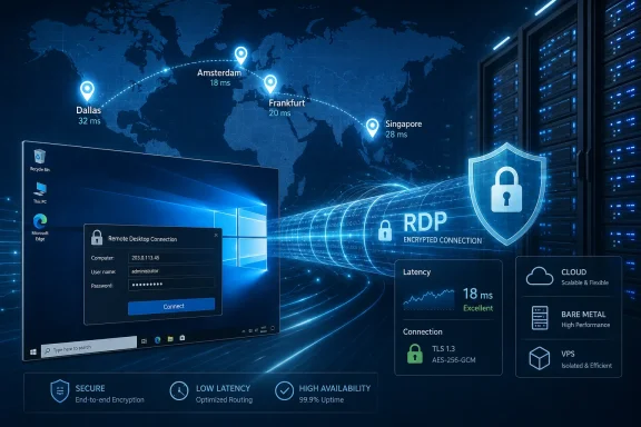 Blue global map shows RDP encrypted remote desktop connection with low 18ms latency and security icons.
