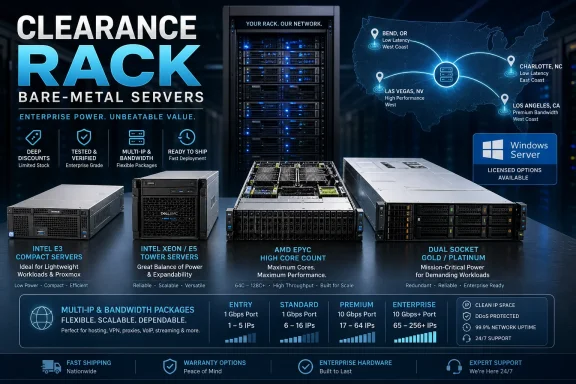 Clearance ad showcasing bare-metal servers with data-center racks, specs, and low-latency network locations across the US.