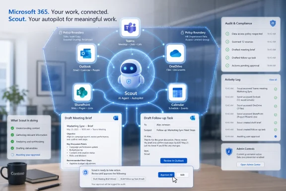 Microsoft 365 “Scout” AI assistant dashboard drafting meetings, tasks, and compliance logs across apps.