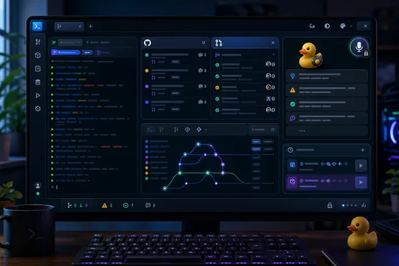 Developer IDE on a monitor shows code, flow panels, and a network graph while a rubber duck sits nearby.