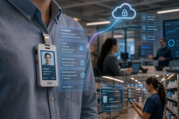 Healthcare worker in a warehouse with an AI assistant overlay showing device, access, and encrypted data policies.