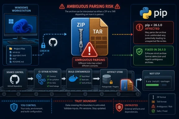 Diagram warns of ambiguous archive parsing risk, noting pip affected before version 26.1.0 and fixed after.