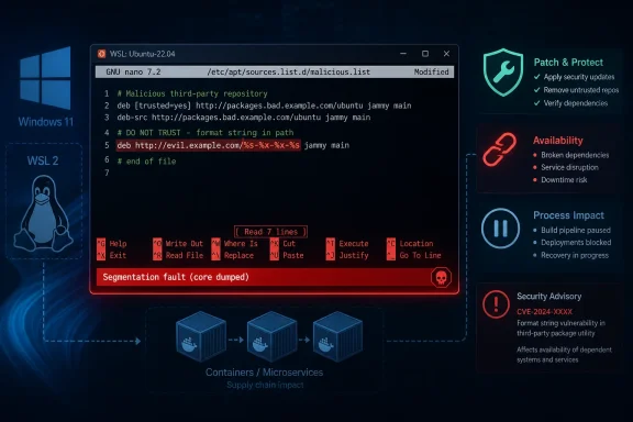 WSL Ubuntu GNU nano shows a malicious apt sources list with a “segmentation fault” warning overlay.