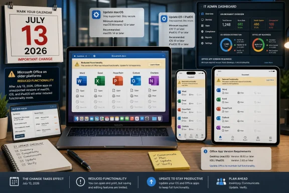 Office update notice collage showing July 13, 2026 “reduced functionality” for Microsoft apps on older platforms.