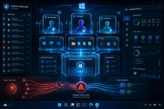 Futuristic cybersecurity dashboard showing agent runtime, secure containers, and threat detection visuals. Futuristic cybersecurity dashboard showing agent runtime, secure containers, and threat detection visuals.