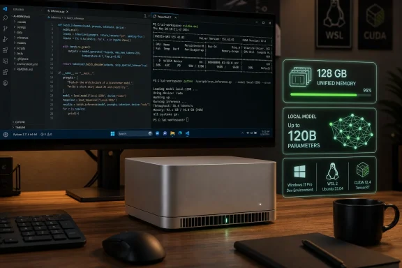 A workstation monitor shows Python/PowerShell GPU inference code while a server displays 128GB unified memory status. A workstation monitor shows Python/PowerShell GPU inference code while a server displays 128GB unified memory status.