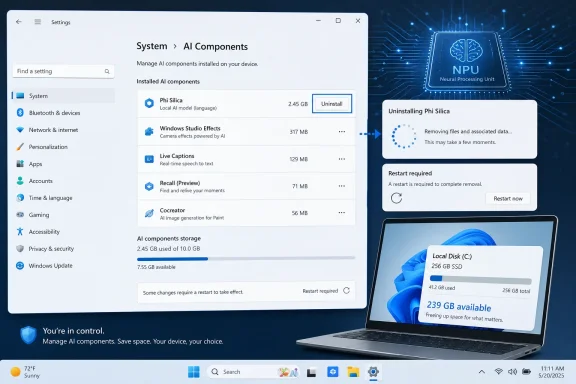 Windows AI Components settings screen shows uninstalling Phi Silica with restart required, alongside an NPU graphic.