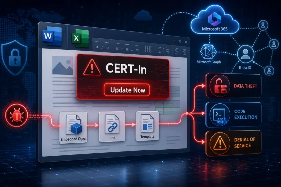 Microsoft 365 document interface shows a “CERT-In” cybersecurity warning with data theft and service denial alerts.