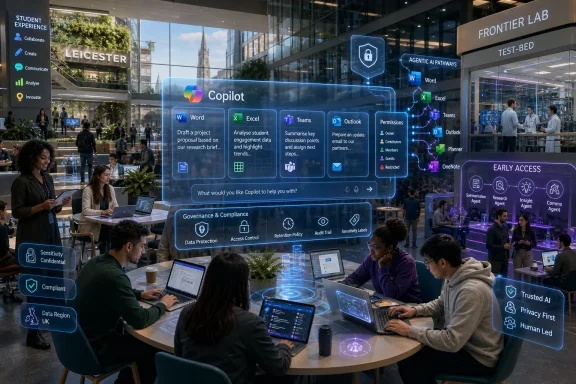 Students collaborate in a modern lab as an augmented “Copilot” AI dashboard overlays on screens and signs. Students collaborate in a modern lab as an augmented “Copilot” AI dashboard overlays on screens and signs.