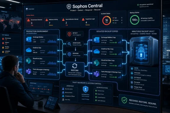 A cybersecurity analyst monitors a Sophos Central dashboard showing alerts, incident status, and immutable backups.