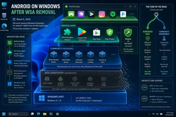 Diagram shows “Android on Windows” using community builds after WSA removal, with WSA subsystem marked abandoned.