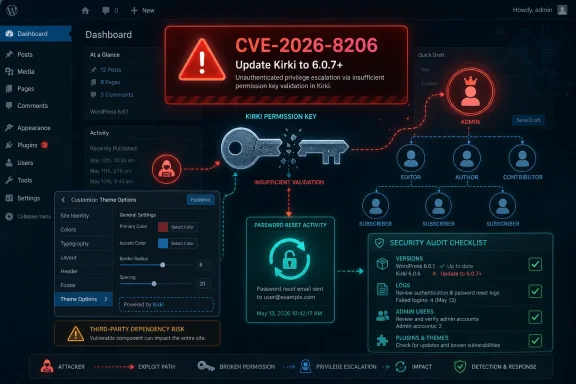 WordPress dashboard warning shows CVE-2026-8206 privilege escalation risk in Kirki update to 6.0.7+.