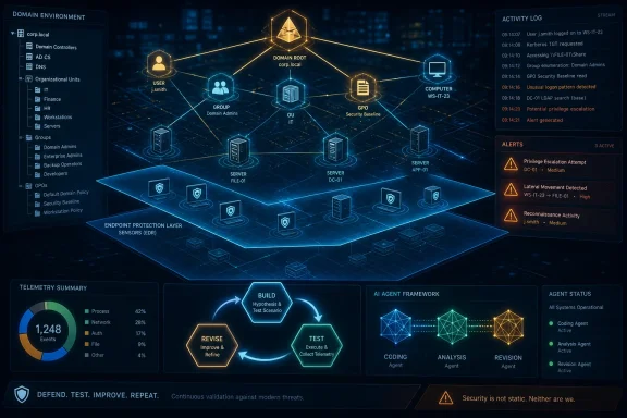 Cybersecurity dashboard visualizing a domain network with active alerts and detailed activity logs.