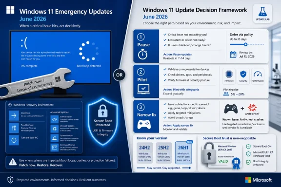 Microsoft Windows 11 June 2026 emergency update decision framework with recovery and secure boot guidance.