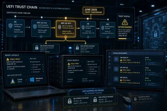 Secure UEFI trust-chain timeline shows KEK CA 2011 expiring June 2026 with “action required” alerts across servers.