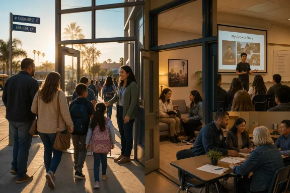 Conference scene with attendees walking past a “My Growth Story” presentation at a sunny Anaheim venue.