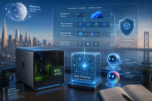 AI control hub scene with RTX Spark dev box, neural core cube, and security/assistant holograms over a city skyline.
