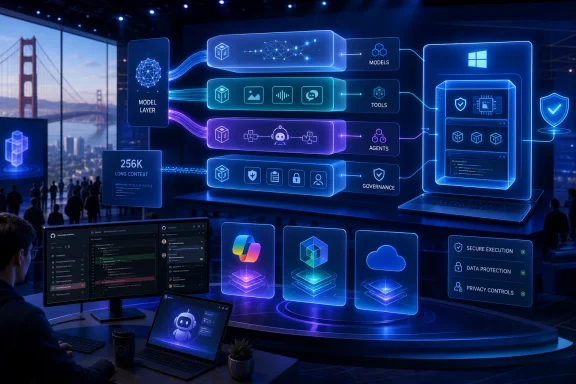 Tech conference scene with a glowing AI pipeline diagram, secure governance, and connected tools on screens.