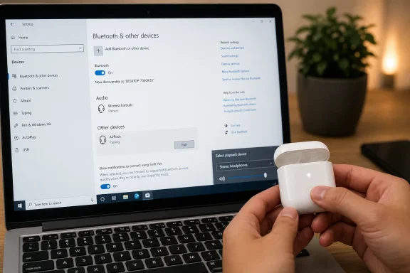 Hand holds wireless earbuds while a laptop shows Bluetooth & other devices settings.