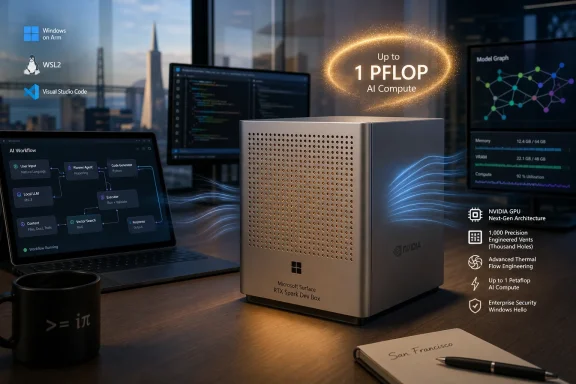A sleek Microsoft Surface RTX Spark Dev Box with “up to 1 PFLOP” AI compute shown beside a coding setup. A sleek Microsoft Surface RTX Spark Dev Box with “up to 1 PFLOP” AI compute shown beside a coding setup.