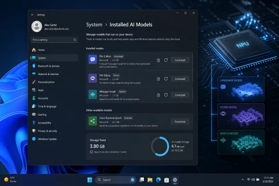 Windows settings screen showing installed on-device AI models with NPU hardware graphic background.
