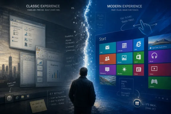 Split-screen ad shows classic vs modern Windows experience with a seated man facing a Start screen.