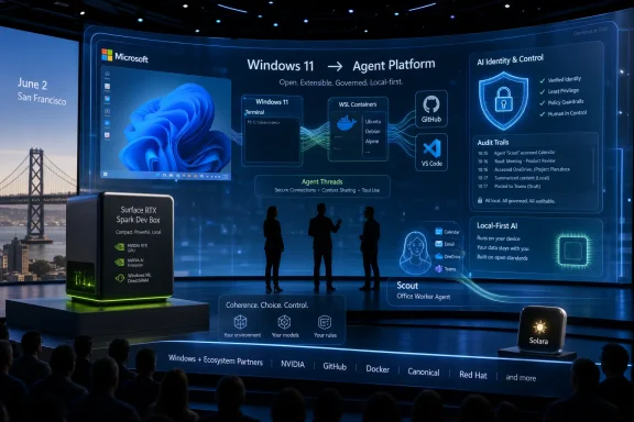 Microsoft Windows 11 Agent Platform demo stage with secure AI identity controls and Nvidia Surface RTX hardware.