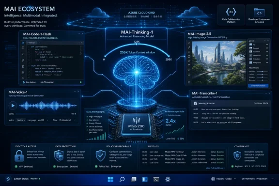 Futuristic diagram of Microsoft Azure “MAI ecosystem” with AI models for code, reasoning, images, voice, and transcription.