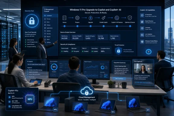 Corporate IT team reviews a Windows 11 Copilot upgrade dashboard with security and device analytics on large screens.