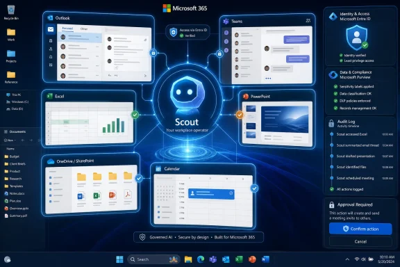 Microsoft 365 “Scout” dashboard showing secure identity, compliance, and activity across apps like Outlook and Teams.