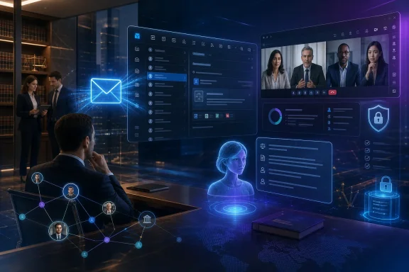 Office scene with holographic cybersecurity dashboard, email icon, and video meeting feeds on large screens. Office scene with holographic cybersecurity dashboard, email icon, and video meeting feeds on large screens.