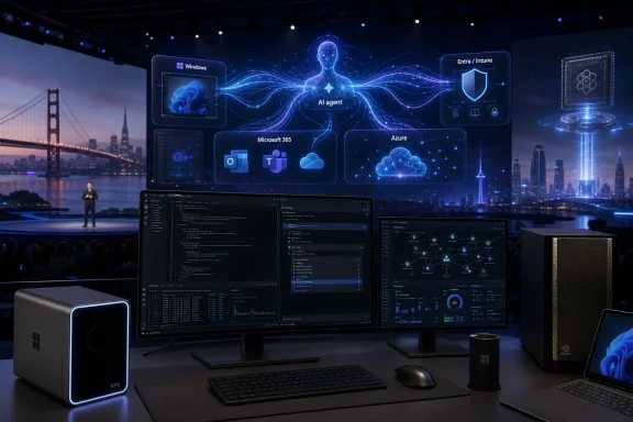 Microsoft AI and cloud technology keynote display with “Microsoft 365” and “Azure” on stage screens. Microsoft AI and cloud technology keynote display with “Microsoft 365” and “Azure” on stage screens.