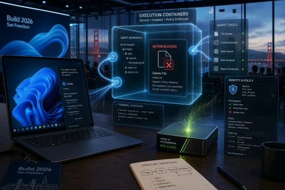 Futuristic Build 2026 security dashboard shows a blocked file deletion in an isolated execution container.