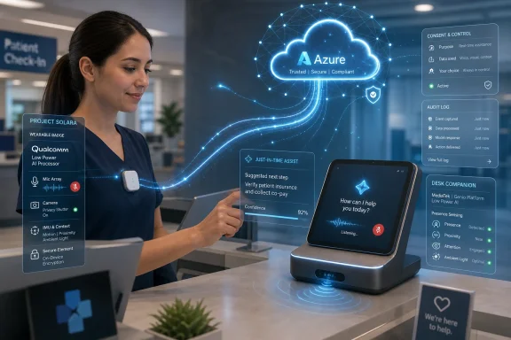 A nurse uses a digital assistant in a healthcare setting with Azure cloud-style UI overlays.