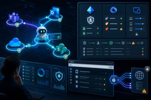 Futuristic cybersecurity dashboard with a robotic assistant, cloud icons, and access/security alerts.