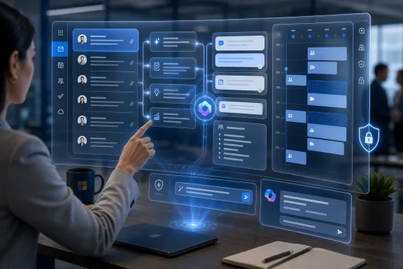 Businessman pointing at a glowing AI dashboard with messaging, analytics, and security icons on a screen.
