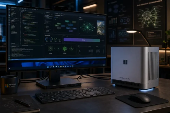 Tech workspace showing a monitor with GPU/AI dashboards and an RTX Spark Dev Box on a desk. Tech workspace showing a monitor with GPU/AI dashboards and an RTX Spark Dev Box on a desk.