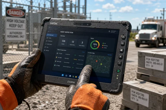 Technician holds a rugged Getac tablet showing asset inspection stats and a map near industrial construction warning signs.