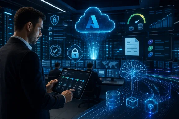 Man in a data center uses a tablet as cloud AI, security icons, and analytics dashboards glow on screens.
